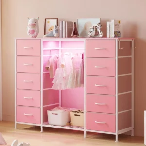 2-in-1 Dresser with Hanging Rack, 10 Drawers, LED Lights, Charging Station