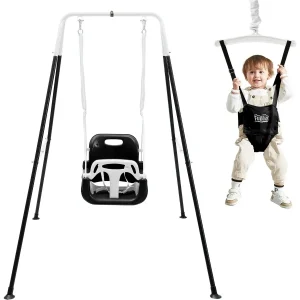 2 in 1 Swing Set for Toddler Baby Jumper Heavy Duty Swing Bouncer with 4 Sandbags Foldable Metal Stand for Indoor Outdoor
