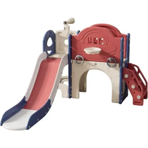 Kids Playground, Kids Slide with Climber, Basketball Hoop, Tunnel, Ring Toss Game and Storage Space, Slide Playset for Toddlers