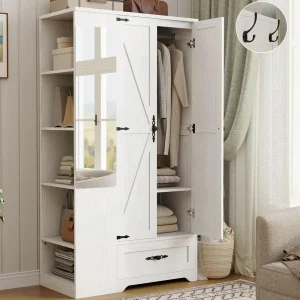 70 High Wooden Bedroom Armoire Wardrobe Closet with Mirror 2-Door Hanging Rod, 5 Shelves