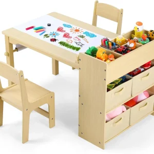 Kids Art Table and 2 Chairs, Craft Table with Large Storage Shelves
