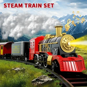 Electric Train Set for Kids Boys and Girls, Steam Locomotive Engine, Lights & Sound, Tracks